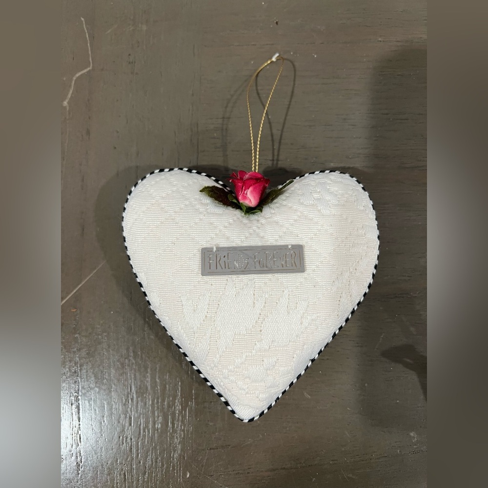 Friend Forever White Heart Quilted Ornament with Pink Rose